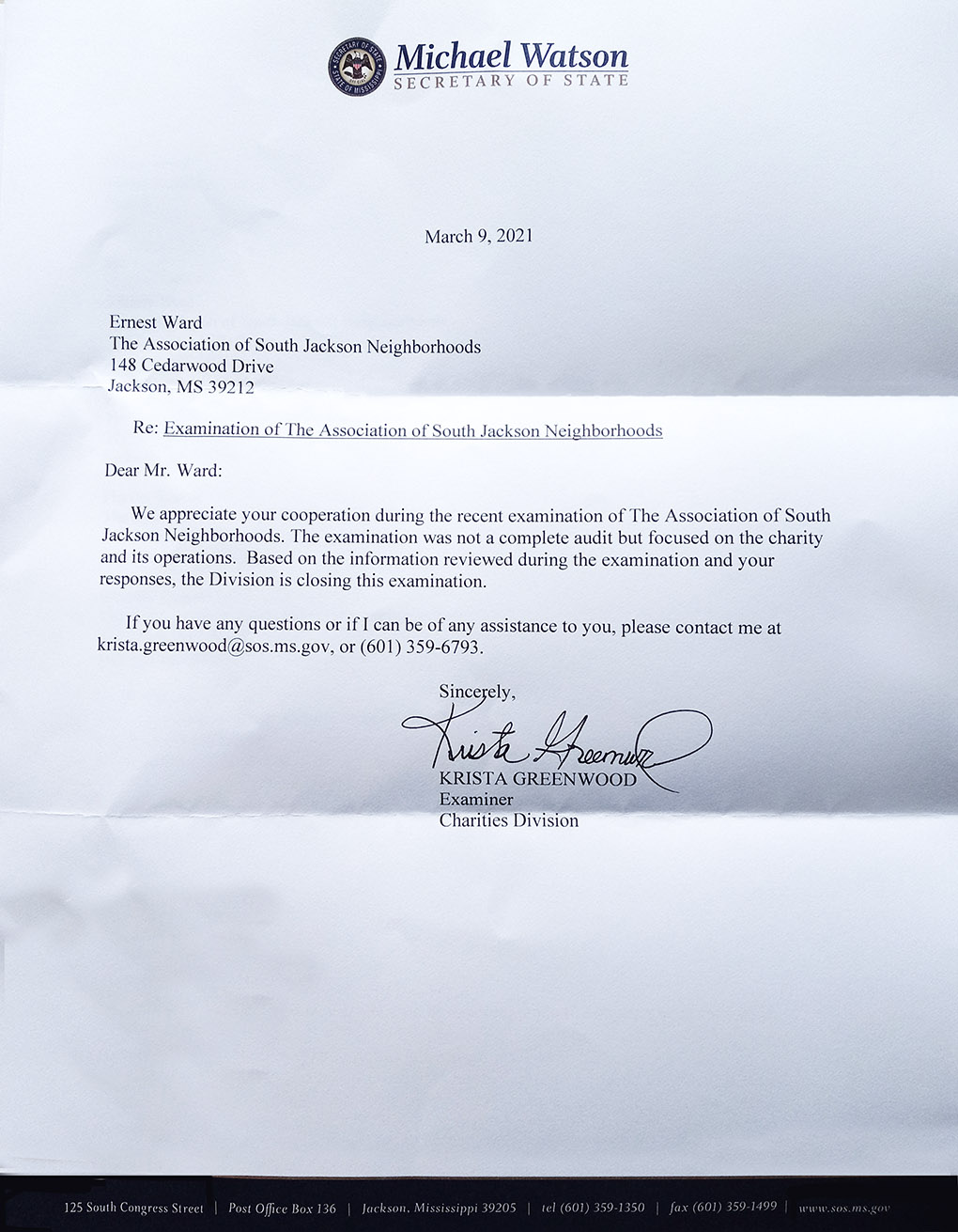 Secretary of State Letter